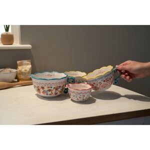 The Pioneer Woman Measuring Cups Set Floral Embossed Turquoise Ceramic Kitchen‎